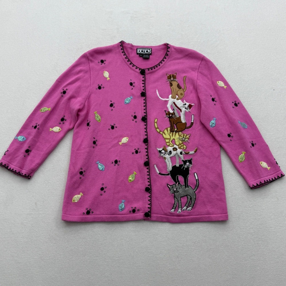 Vtg BEREK Womens M Medium Pink Cat Fish Applique‎ Button Front Cardigan Sweater